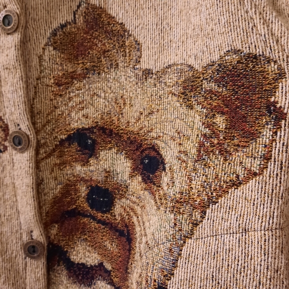 Vtg SUGAR STREET WEAVER Yorkshire Terrier Tapestry Jacket Cardigan Dogs Cottage - Picture 8 of 16